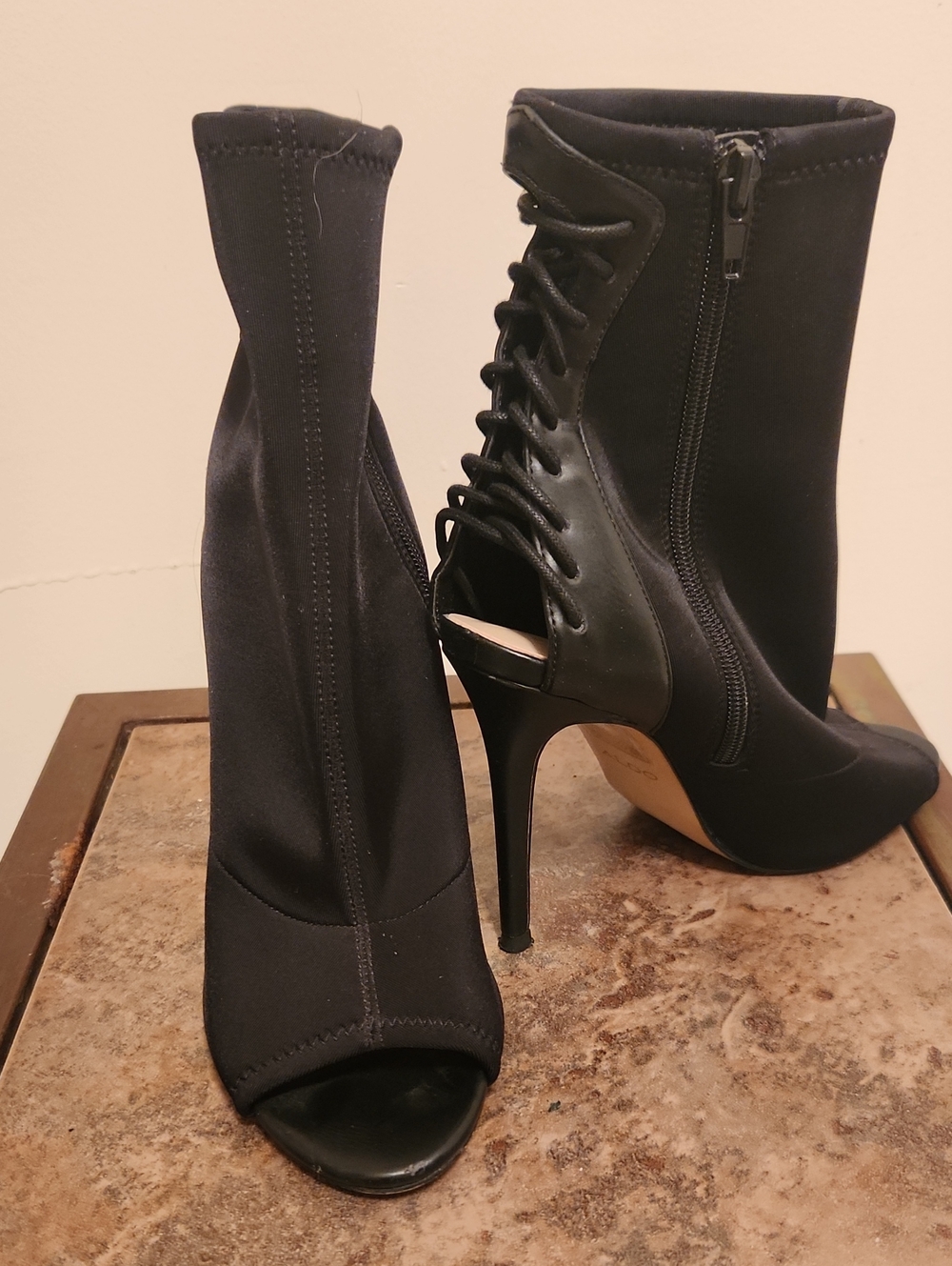 Aldo Black Peep-Toe Lace-Up Stiletto Ankle Boots